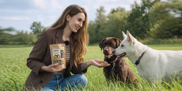 Uschi-beim-füttern-der-Hunde_test Eine Frau die 2 Hunde auf einer Wiese mit Belohnungleckerlis von CellavitaTierliebe füttert